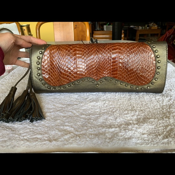 Statement boho leather and snakeskin clutch - Picture 8 of 15